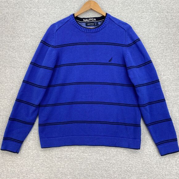 Nautica Sweater Mens Large Blue Striped Knit Long Sleeve Crew Neck Sailboat - Picture 1 of 10